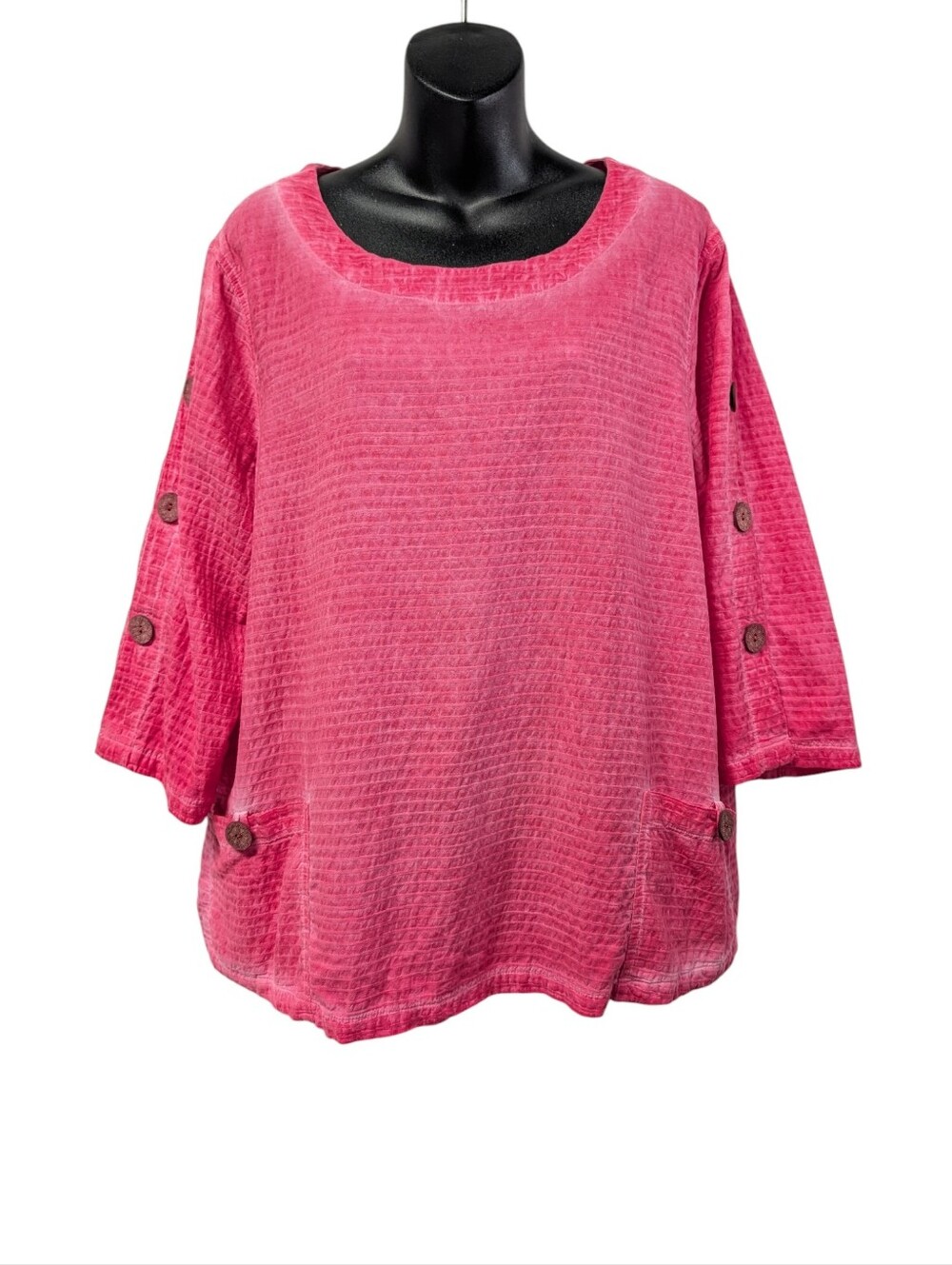 Focus Casual Life Pink Textured Cotton Tunic Top Size L 3/4 Sleeve Pockets